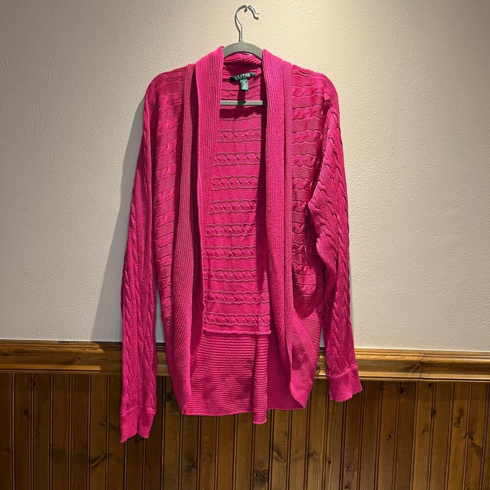 Lauren Ralph Lauren Cable Knit Cotton Viscose Cardigan Sweater Sz XL Pink Preppy